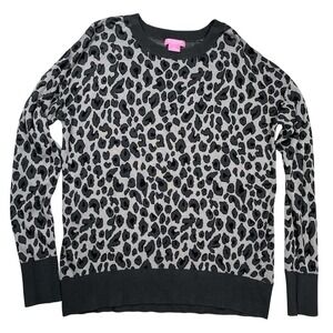 Isaac Mizrahi Women's Black Gray Leopard Print Crew Neck Sweater‎ Sz Large